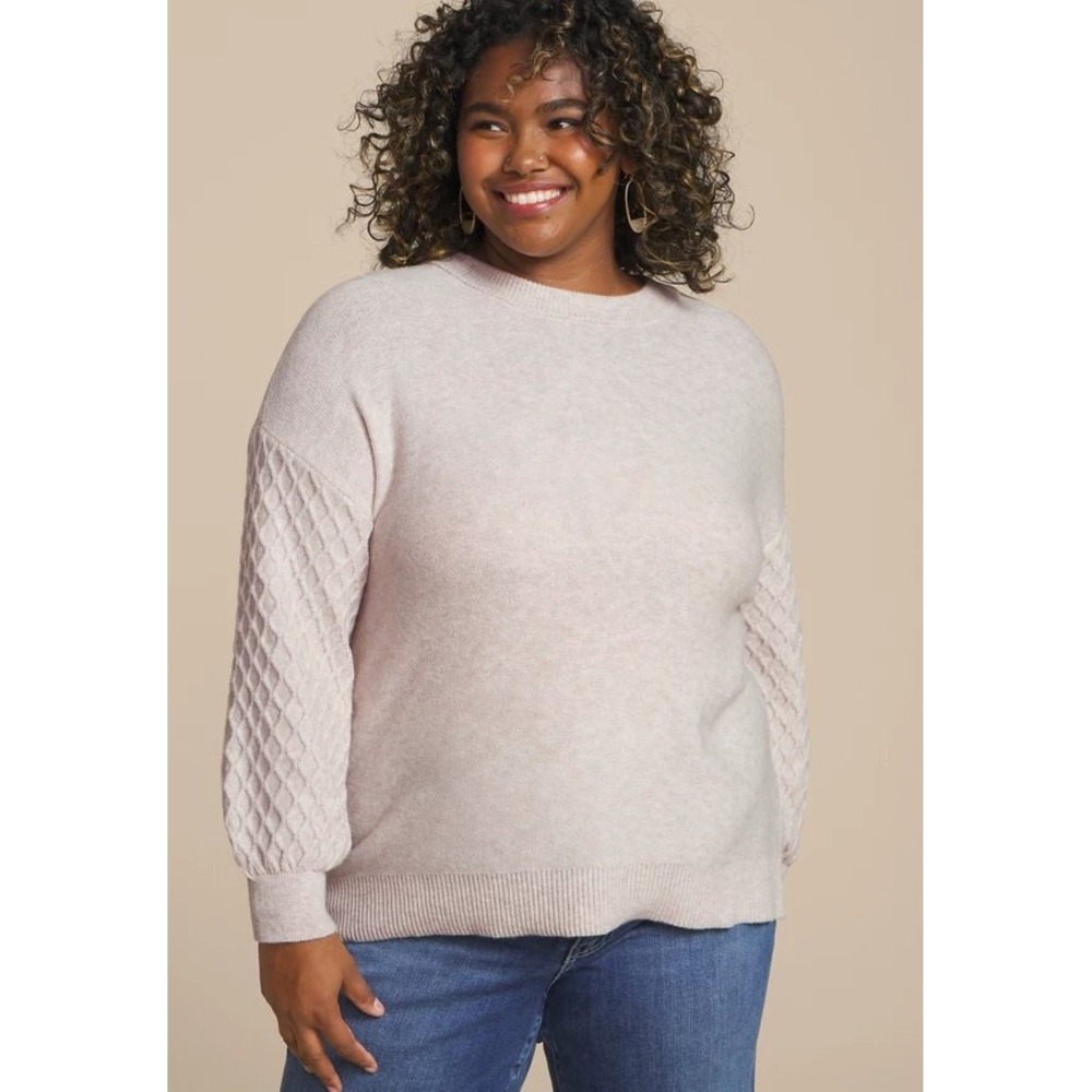 Maurices Women Oatmeal Heather Cable Knit Balloon Sleeve Crewneck Sweater XL NEW